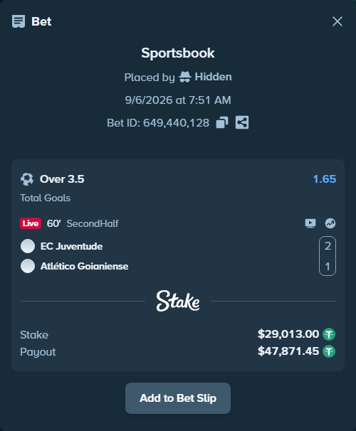 Bet slip: EC Juventude RS - AC Goianiense GO, $29,010.10 stake at 1.65 odds, placed by Hidden