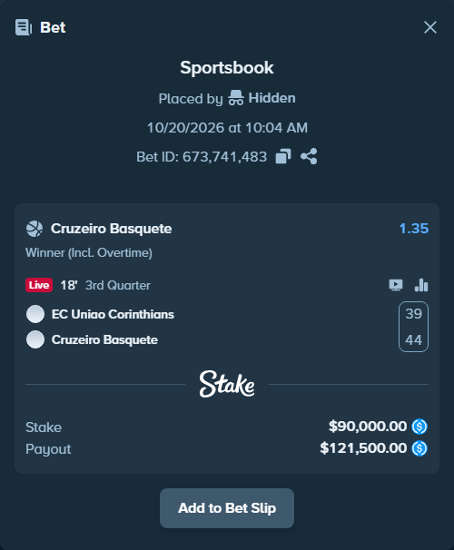 Bet slip: EC Uniao Corinthians - Cruzeiro Basquete, $90,000.00 stake at 1.35 odds, placed by Hidden