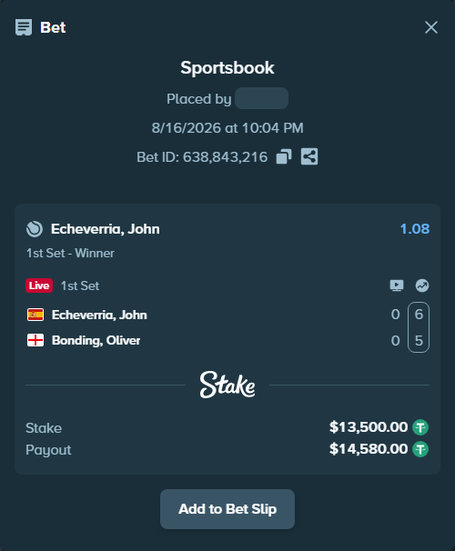 Bet slip: Echeverria, John - Bonding, Oliver, $13,513.50 stake at 1.08 odds, placed by privetmedvet15