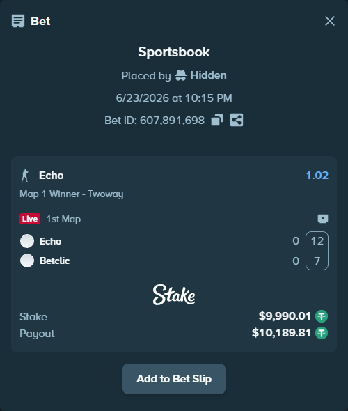 Bet slip: Echo - Betclic, $10,000.00 stake at 1.02 odds, placed by Hidden