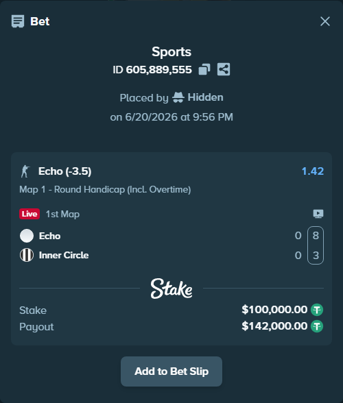 Bet slip: Echo - Inner Circle, $100,100.00 stake at 1.42 odds, placed by Hidden