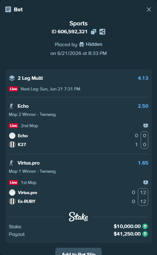 Bet slip: Echo - K27, $10,010.00 stake at 2.50 odds, placed by Hidden