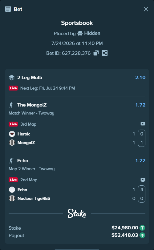 Bet slip: Echo - Nuclear TigeRES, $25,004.98 stake at 1.22 odds, placed by Hidden