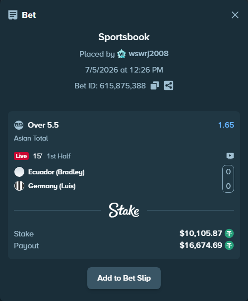 Bet slip: Ecuador (Bradley) - Germany (Luis), $10,115.98 stake at 1.65 odds, placed by wswrj2008