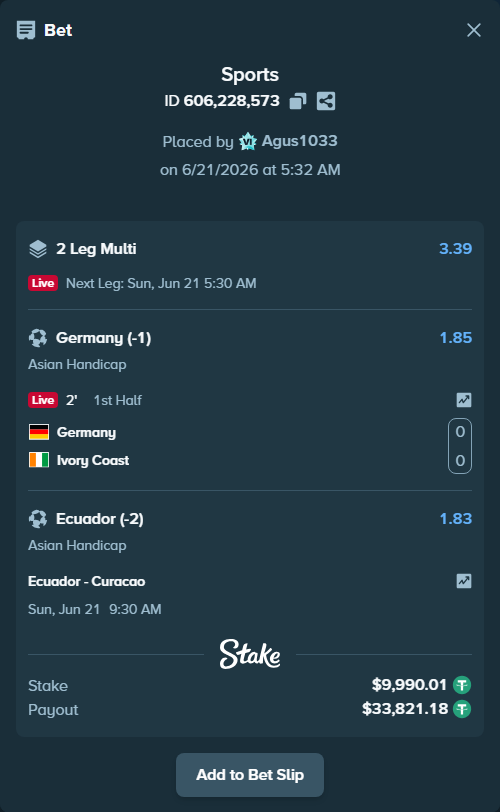 Bet slip: Ecuador - Curacao, $10,000.00 stake at 1.83 odds, placed by Agus1033