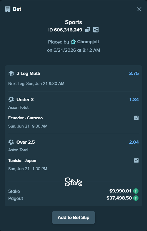 Bet slip: Ecuador - Curacao, $10,000.00 stake at 1.84 odds, placed by Champjoll