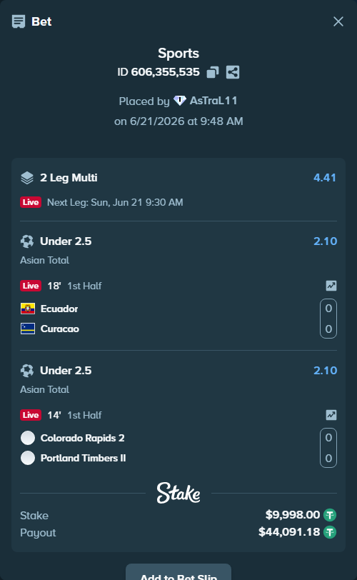 Bet slip: Ecuador - Curacao, $10,008.00 stake at 2.10 odds, placed by AsTraL11