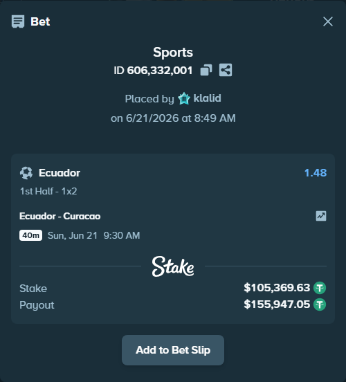Bet slip: Ecuador - Curacao, $105,475.00 stake at 1.48 odds, placed by klalid