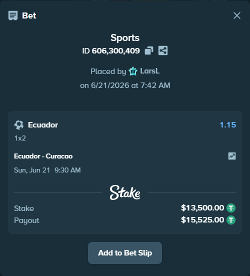 Bet slip: Ecuador - Curacao, $13,513.50 stake at 1.15 odds, placed by LarsL