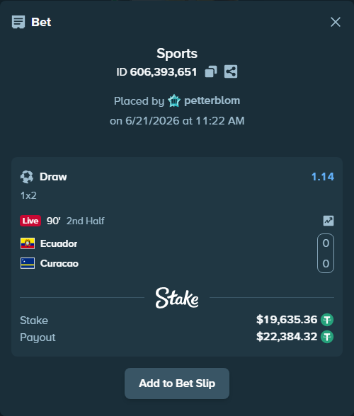 Bet slip: Ecuador - Curacao, $19,655.00 stake at 1.14 odds, placed by petterblom
