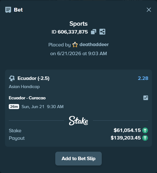 Bet slip: Ecuador - Curacao, $61,115.20 stake at 2.28 odds, placed by deathaddeer