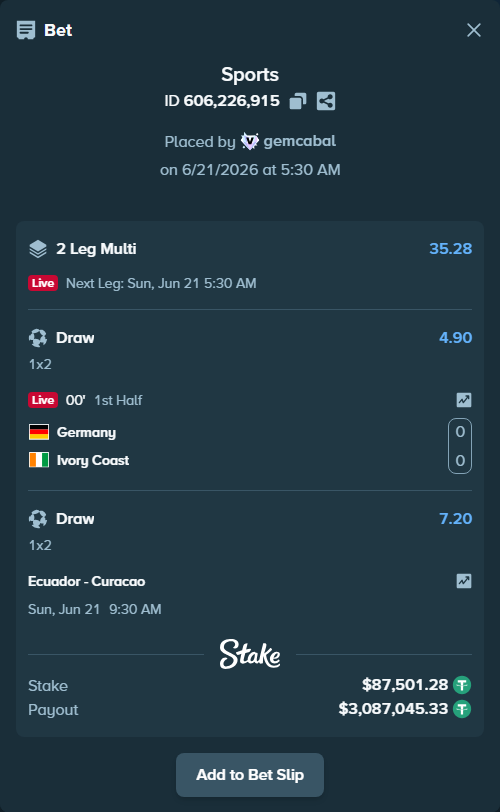 Bet slip: Ecuador - Curacao, $87,588.79 stake at 7.20 odds, placed by gemcabal