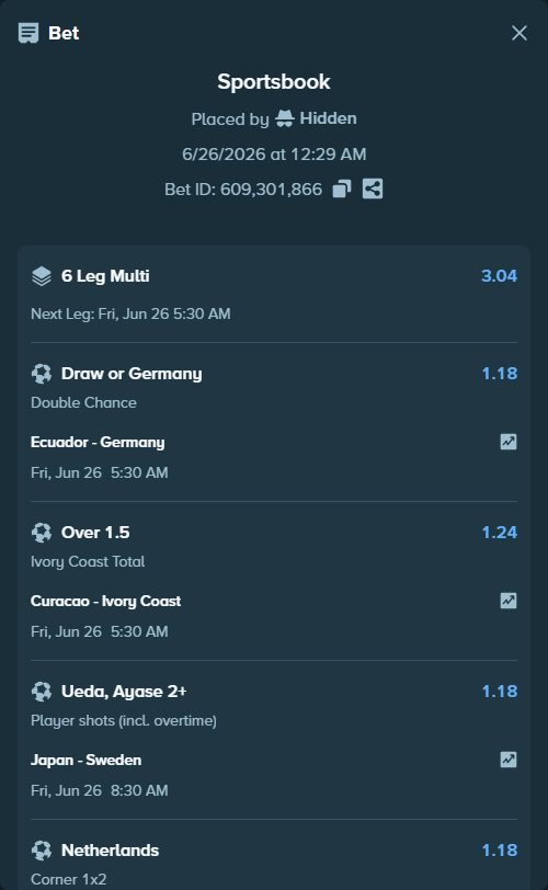 Bet slip: Ecuador - Germany, $10,000.00 stake at 1.18 odds, placed by Hidden