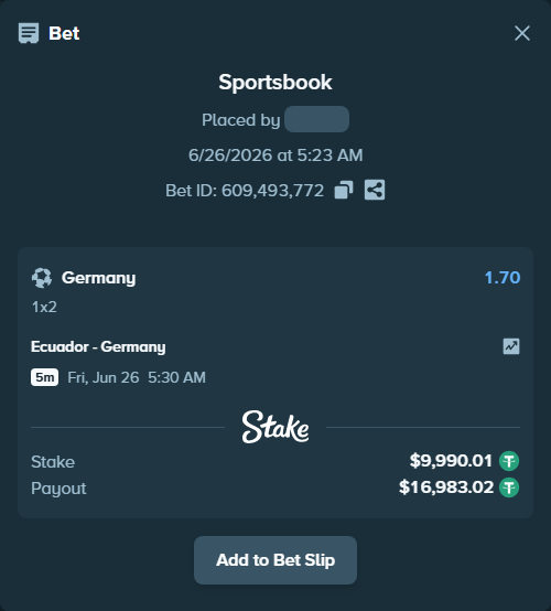 Bet slip: Ecuador - Germany, $10,000.00 stake at 1.70 odds, placed by Ariel107