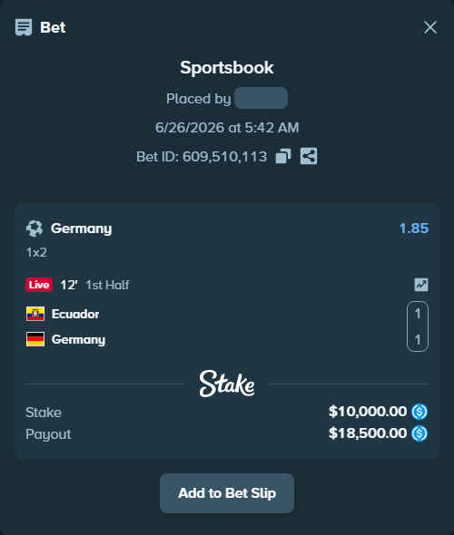 Bet slip: Ecuador - Germany, $10,000.00 stake at 1.85 odds, placed by Andersoneu