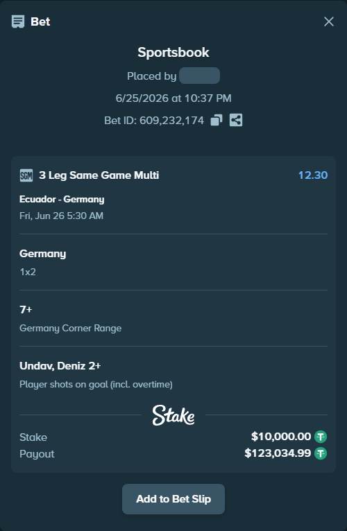 Bet slip: Ecuador - Germany, $10,010.00 stake at 1.56 odds, placed by thesakultah