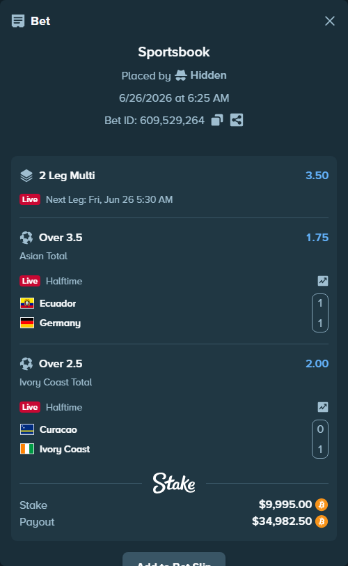 Bet slip: Ecuador - Germany, $10,231.09 stake at 1.75 odds, placed by Hidden