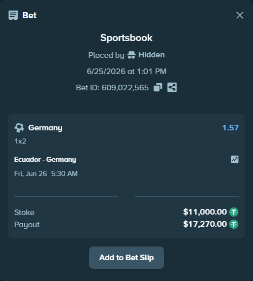 Bet slip: Ecuador - Germany, $11,011.00 stake at 1.57 odds, placed by Duretil05