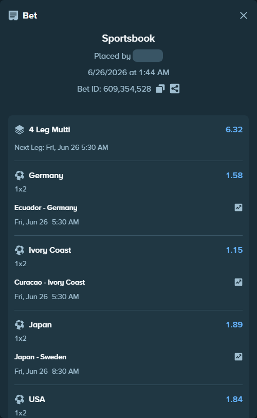 Bet slip: Ecuador - Germany, $13,428.69 stake at 1.58 odds, placed by Noam06