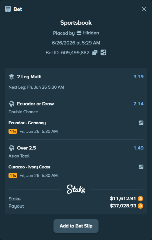 Bet slip: Ecuador - Germany, $11,929.54 stake at 2.14 odds, placed by Hidden