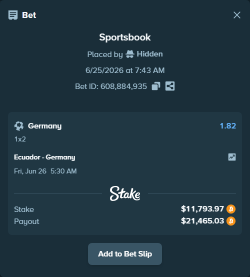 Bet slip: Ecuador - Germany, $12,434.04 stake at 1.82 odds, placed by Hallfkh