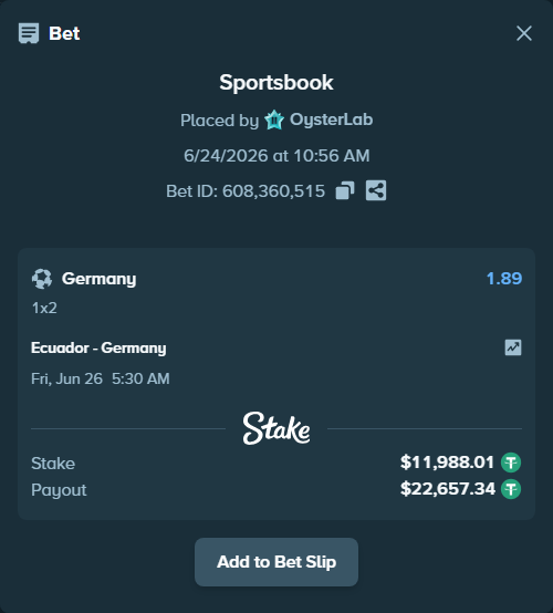 Bet slip: Ecuador - Germany, $12,000.00 stake at 1.89 odds, placed by OysterLab