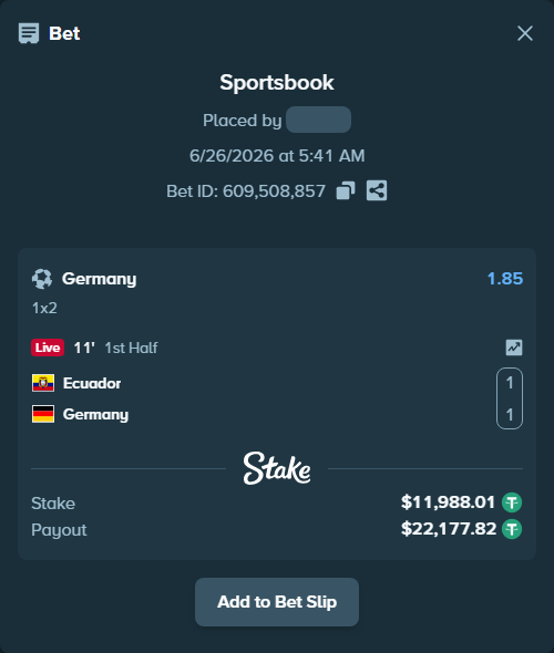 Bet slip: Ecuador - Germany, $12,000.00 stake at 1.85 odds, placed by YasutakaNakano