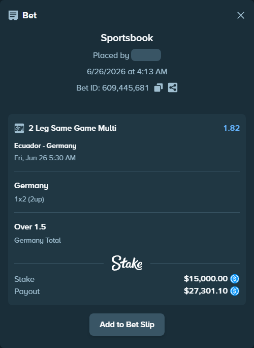 Bet slip: Ecuador - Germany, $15,000.00 stake at 1.54 odds, placed by TeslaKesla22