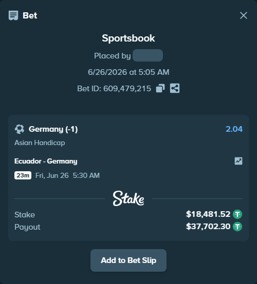 Bet slip: Ecuador - Germany, $18,500.00 stake at 2.04 odds, placed by Agus1033