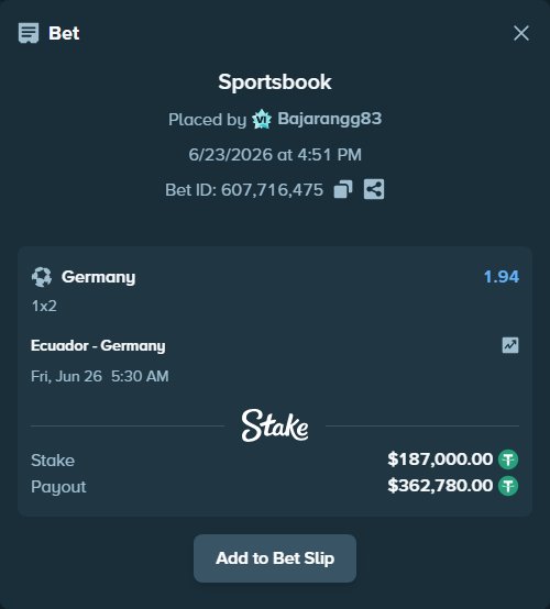 Bet slip: Ecuador - Germany, $187,187.00 stake at 1.94 odds, placed by Bajarangg83