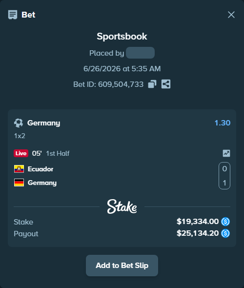 Bet slip: Ecuador - Germany, $19,334.00 stake at 1.30 odds, placed by Vicceforb