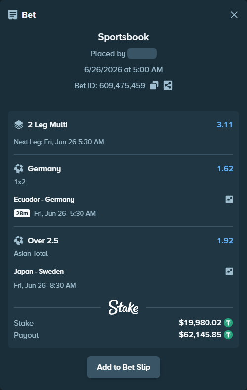 Bet slip: Ecuador - Germany, $20,000.00 stake at 1.62 odds, placed by Champjoll