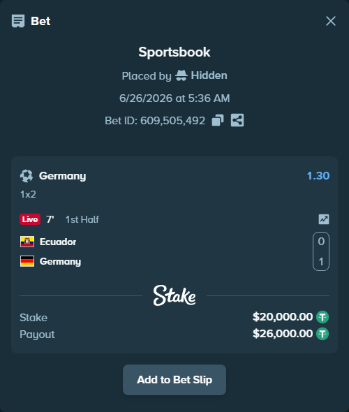Bet slip: Ecuador - Germany, $20,020.00 stake at 1.30 odds, placed by Petter921