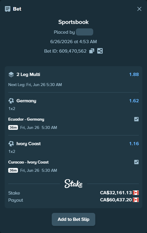 Bet slip: Ecuador - Germany, $23,799.24 stake at 1.62 odds, placed by DZertwarrior18