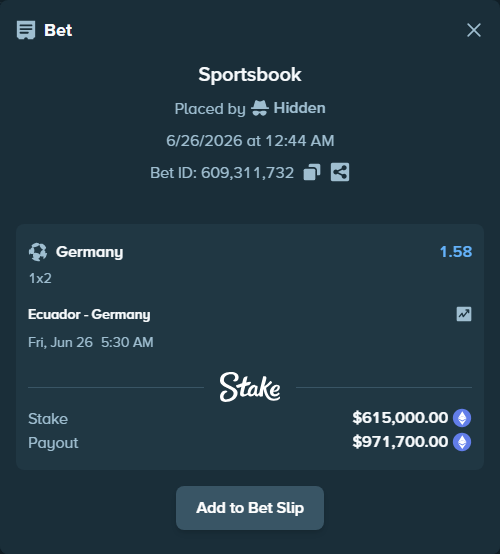 Bet slip: Ecuador - Germany, $642,978.67 stake at 1.58 odds, placed by Hidden
