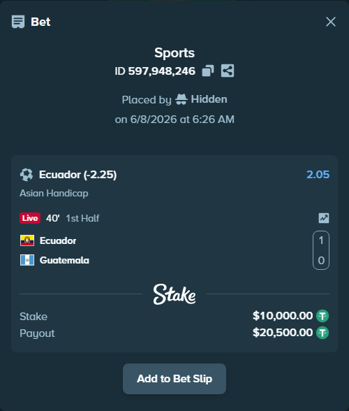 Bet slip: Ecuador - Guatemala, $10,000.00 stake at 2.05 odds, placed by Hidden