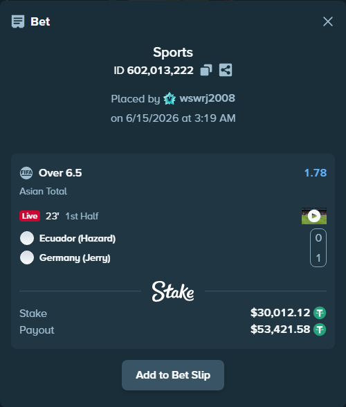 Bet slip: Ecuador (Hazard) - Germany (Jerry), $30,042.14 stake at 1.78 odds, placed by wswrj2008