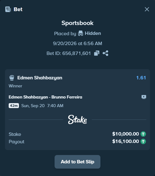 Bet slip: Edmen Shahbazyan - Brunno Ferreira, $10,000.00 stake at 1.61 odds, placed by Hidden