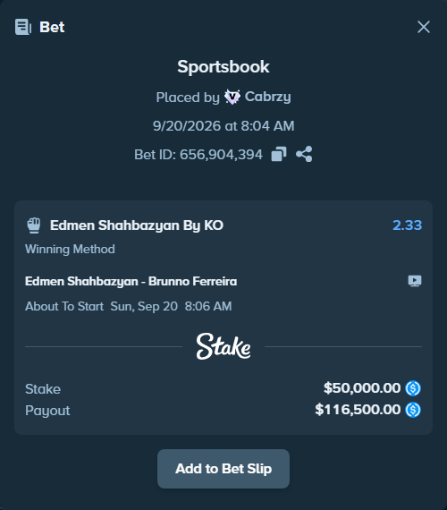 Bet slip: Edmen Shahbazyan - Brunno Ferreira, $50,000.00 stake at 2.33 odds, placed by Cabrzy
