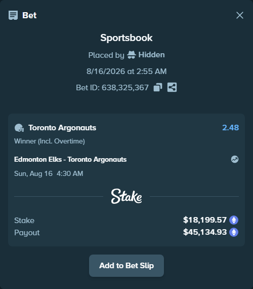 Bet slip: Edmonton Elks - Toronto Argonauts, $18,170.25 stake at 2.48 odds, placed by Hidden