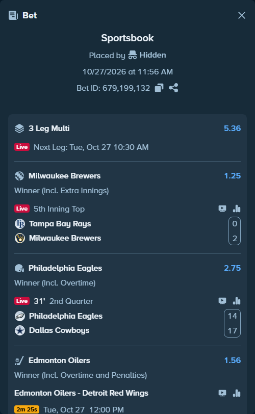 Bet slip: Edmonton Oilers - Detroit Red Wings, $100,000.00 stake at 1.56 odds, placed by Hidden