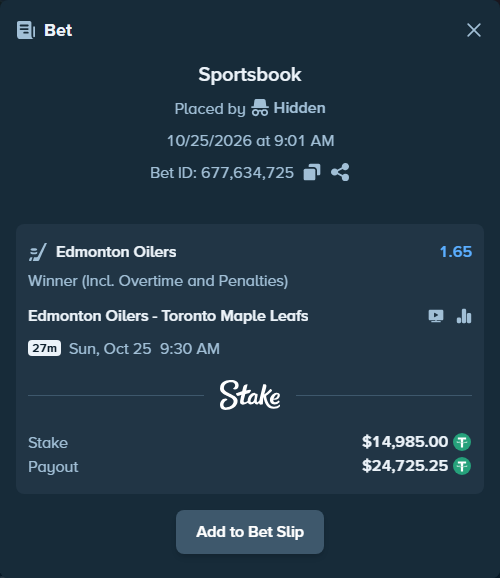Bet slip: Edmonton Oilers - Toronto Maple Leafs, $14,999.98 stake at 1.65 odds, placed by Hidden