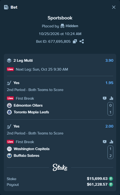 Bet slip: Edmonton Oilers - Toronto Maple Leafs, $15,715.33 stake at 1.95 odds, placed by Hidden