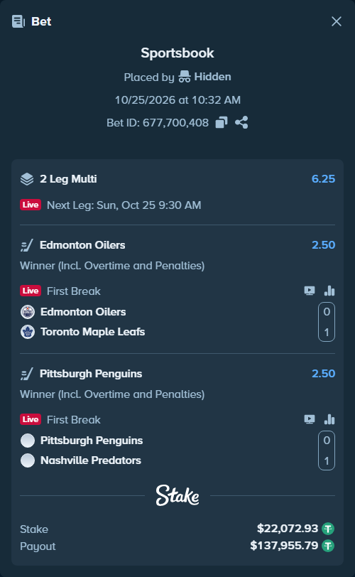 Bet slip: Edmonton Oilers - Toronto Maple Leafs, $22,095.00 stake at 2.50 odds, placed by Hidden