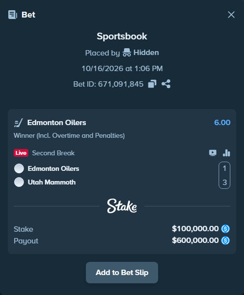 Bet slip: Edmonton Oilers - Utah Mammoth, $100,000.00 stake at 6.00 odds, placed by Hidden