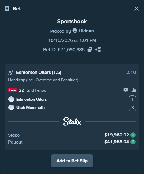Bet slip: Edmonton Oilers - Utah Mammoth, $20,000.00 stake at 2.10 odds, placed by Hidden
