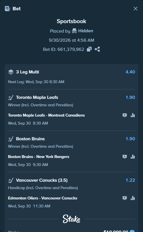 Bet slip: Edmonton Oilers - Vancouver Canucks, $10,000.00 stake at 1.22 odds, placed by Hidden