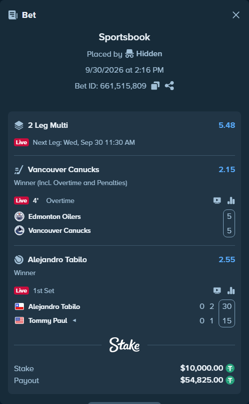 Bet slip: Edmonton Oilers - Vancouver Canucks, $10,000.00 stake at 2.15 odds, placed by Hidden