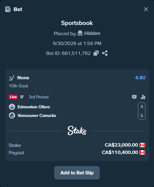 Bet slip: Edmonton Oilers - Vancouver Canucks, $17,020.00 stake at 4.80 odds, placed by BHseh77