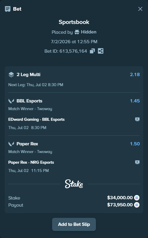 Bet slip: EDward Gaming - BBL Esports, $35,667.89 stake at 1.45 odds, placed by Hidden